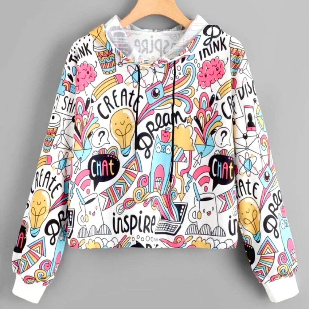 CartoonPrint Multicolor Pullover Drawstring Hoodie - Picture 5 of 9